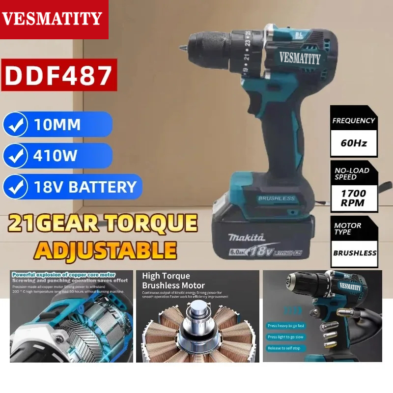 DDF487 10mm Bürstenloser Akku- – Makita Drill Ddf484 Bewertung und Preis